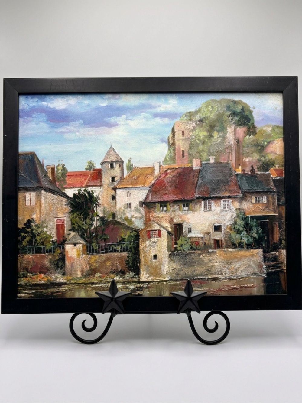 Vintage Framed European Village Landscape Oil Painting on Canvas